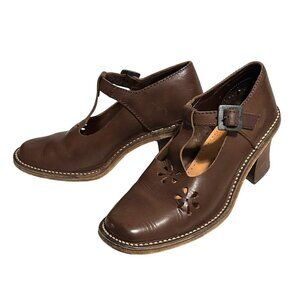Bama Vintage Y2K Italian Brown Leather T-Strap Chunky Heel‎ Shoes, 38 EU